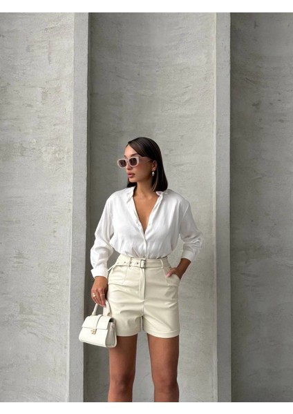 Kemerli Deri Şort Krem H241003 indirimleri