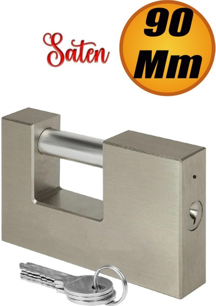 Kepenk Işyeri Kapısı Kilidi Yassı Kayar Milli Saten Asma Kilit Kapı Emniyet 90 mm 3 Anahtarlı Metal.