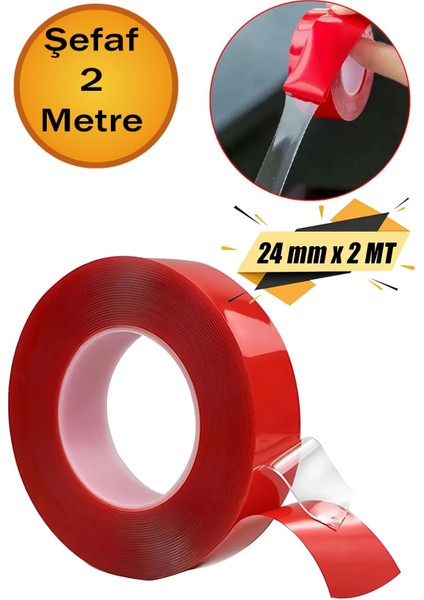 Çift Taraflı Silikon Bant Şeffaf 24 mm x 2 Metre Montaj Bandı Güçlü Çok Amaçlı Yapıştırıcı 1 Adet.