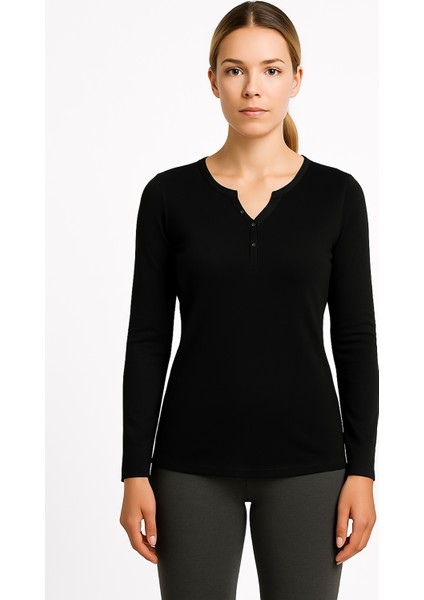 Kadın Rihanna O Yaka Patlı 1x1 Esnek Ribana Uzun Kollu Ince Penye T-Shirt Siyah