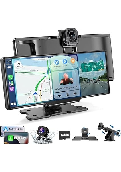 10.26" Wireless Carplay & Android Auto Ekran | 4K Ön + 1080P Arka Kamera, Bluetooth, Fm