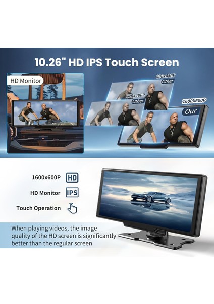 10.26" Wireless Carplay & Android Auto Ekran | 4K Ön + 1080P Arka Kamera, Bluetooth, Fm modelleri