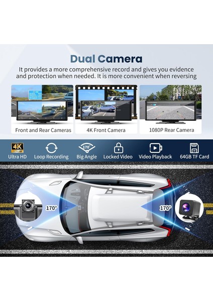 10.26" Wireless Carplay & Android Auto Ekran | 4K Ön + 1080P Arka Kamera, Bluetooth, Fm