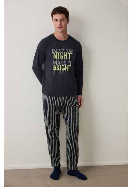 Çizgili Night Erkek Bisiklet Yaka Uzun Kollu Pijama Takımı