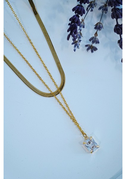 Altın Renk Baget Taşlı Italyan Bakla Zincir Kadın Çelik Kolye –