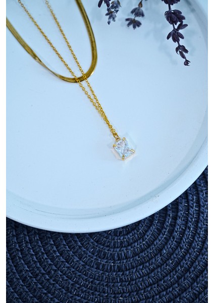 Altın Renk Baget Taşlı Italyan Bakla Zincir Kadın Çelik Kolye – fiyatları