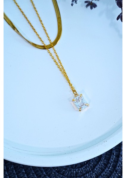 Altın Renk Baget Taşlı Italyan Bakla Zincir Kadın Çelik Kolye – modelleri