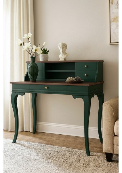 120 cm 5 Çekmeceli Masif Yeşil Ceviz Raflı Çalışma Masası