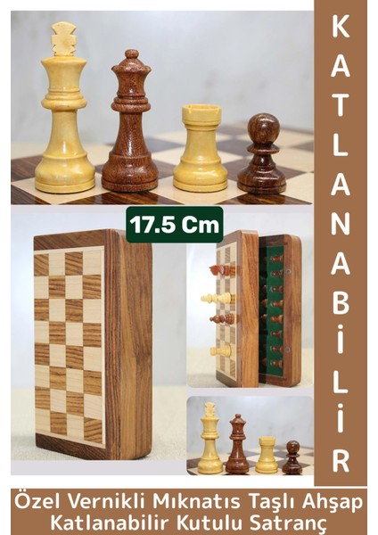 Premium Yüksek Kalite Özel Vernikli Mıknatıs Taşlı Ahşap Katlanabilir Kutulu Satranç Takımı 17.5 cm