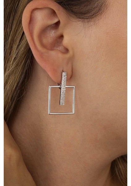 Kare Kesim J Model Beyaz Taşlı Kadın Gümüş Küpe