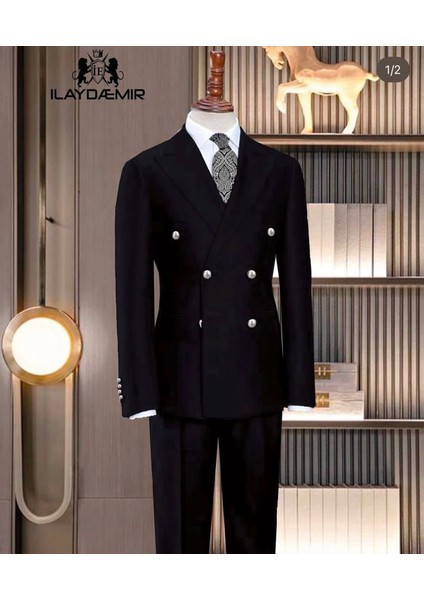 Özel Tasarım Italyan Kesim Kruvaze Erkek Takım Elbise Mat Siyah