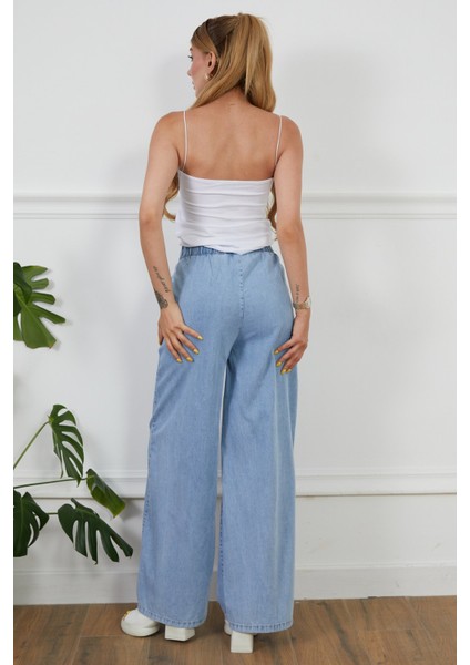 Kadın Rahat Kesim Beli Lastikli İnce Kot Pantolon