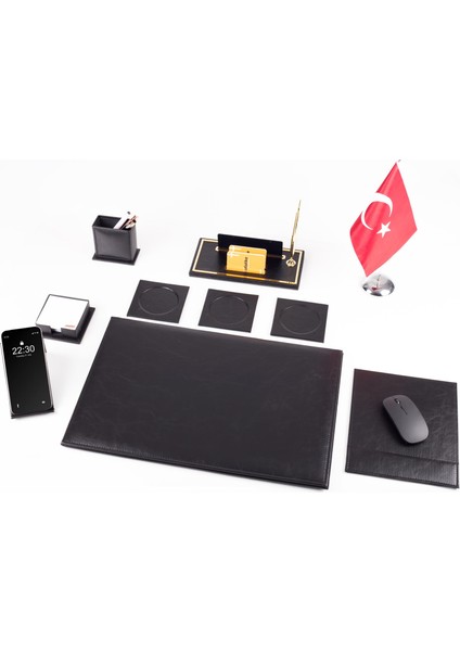 Optima 10 Parça Türk Bayraklı Siyah Deri Sümen Seti Takımı Gold Kalem Ofis Masa Isimliği Isimlik modelleri