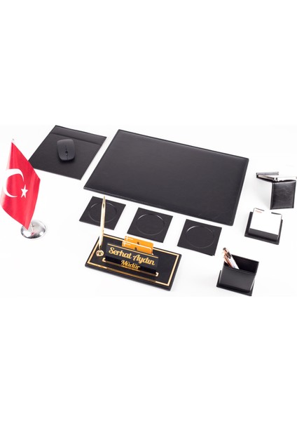 Optima 10 Parça Türk Bayraklı Siyah Deri Sümen Seti Takımı Gold Kalem Ofis Masa Isimliği Isimlik fırsatları