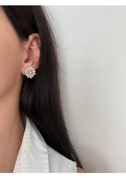 Xuping Pembe Taşlı Zirkon Çiçek Model Gold Küpe
