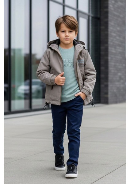 Fermuarlı Kapüşonlu Erkek Çocuk Kışlık 3’lü kombin - Gri