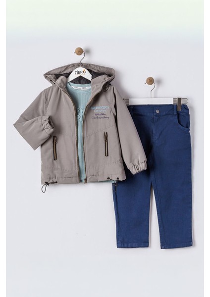 Fermuarlı Kapüşonlu Erkek Çocuk Kışlık 3’lü kombin - Gri fiyatları
