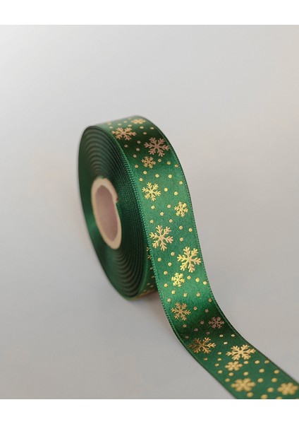 Yılbaşı Temalı Saten Kurdele, Altın Varak Kar Desenli Hediye Paketleme Şeridi, Yeşil, 2.5cm x 20M