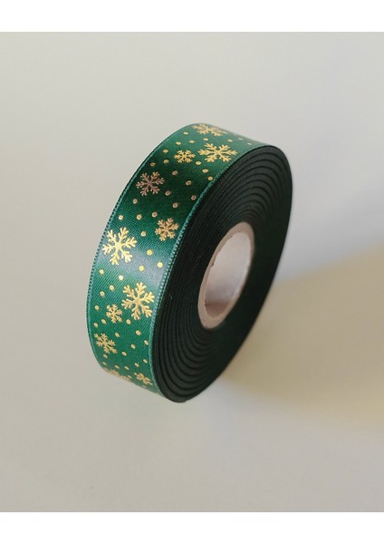 Yılbaşı Temalı Saten Kurdele, Altın Varak Kar Desenli Hediye Paketleme Şeridi, Yeşil, 2.5cm x 20M fiyatları