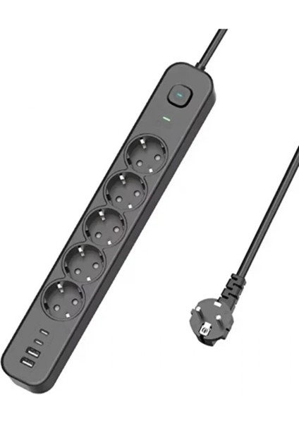 5 Prizli Akım Korumalı Uzatma Kablosu | 2xusb-A + 2xusb-C | 3680W - 2m Kablo