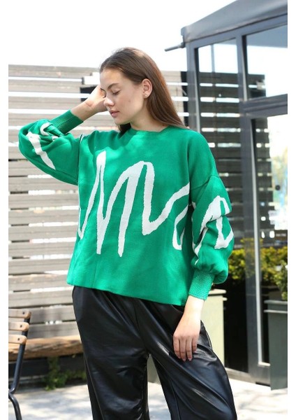 Beyaz Çizgili Bisiklet Yaka Kazak Yeşil