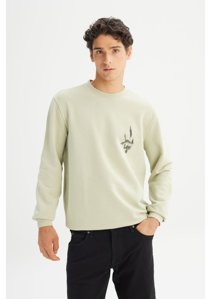 Regular Fit Normal Kesim Bisiklet Yaka Baskılı Mint Yeşili Sweatshirt