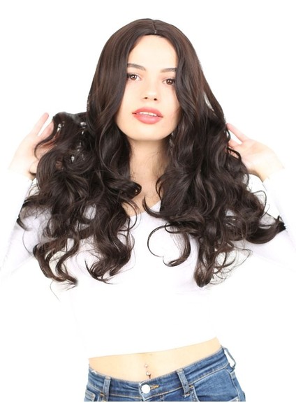 Yoğun Dalgalı Fiber Sentetik Uzun Perçemsiz Peruk/kahverengi