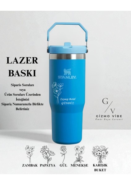 The Iceflow Flip Straw Pipetli Termos 0,89 L Özel Isimli Kişiselleştirilebilir Mavi