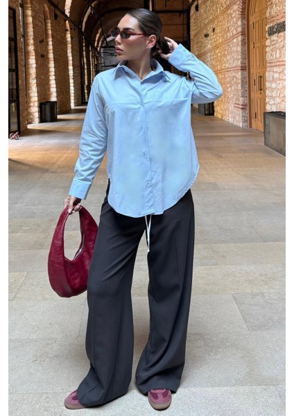 Mavi Düz Kesim Düğmeli Kadın Gömlek MG2583