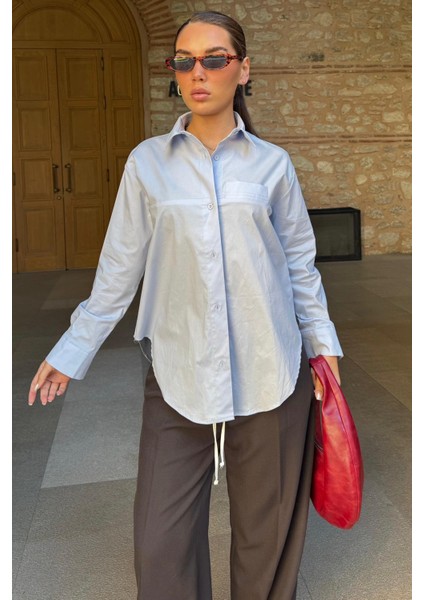 Mavi Düz Kesim Düğmeli Kadın Gömlek MG2583 fiyatları