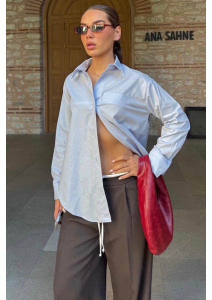 Mavi Düz Kesim Düğmeli Kadın Gömlek MG2583 modelleri