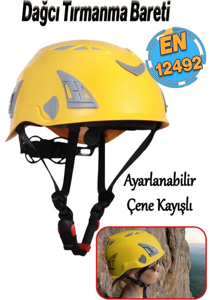 Dağcı Tırmanma Bareti Sarı Renk Baş Koruyucu Kask Ce EN12492 Sertifikalı 51-62 cm Ayarlanabilir.
