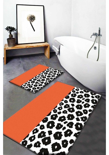 Turuncu Desenli Yıkanabilir Kaymaz Tabanlı 2'li Banyo Halısı Takımı