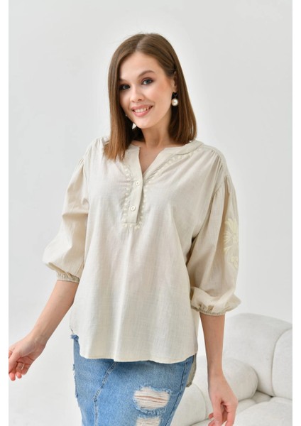 Kadın Gömlek V Yaka 2 Düğmeli Gömlek Ekru - 23132