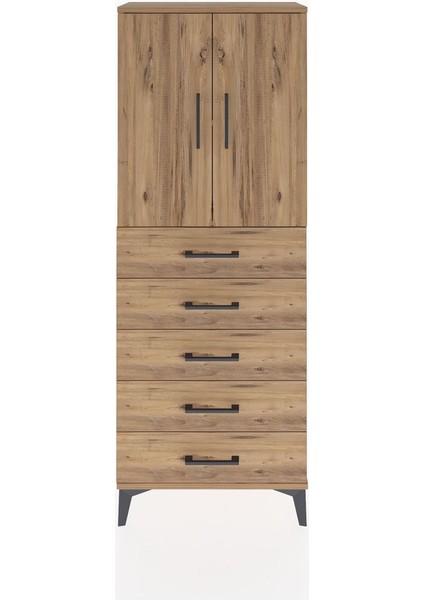 Arges Dolap 2 Raflı 5 Çekmeceli 2 Kapaklı 60X30X163 Çam-Çam