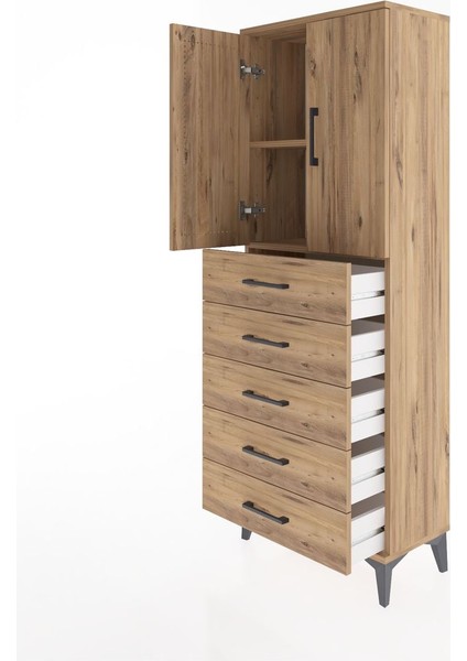Arges Dolap 2 Raflı 5 Çekmeceli 2 Kapaklı 60X30X163 Çam-Çam fırsatları