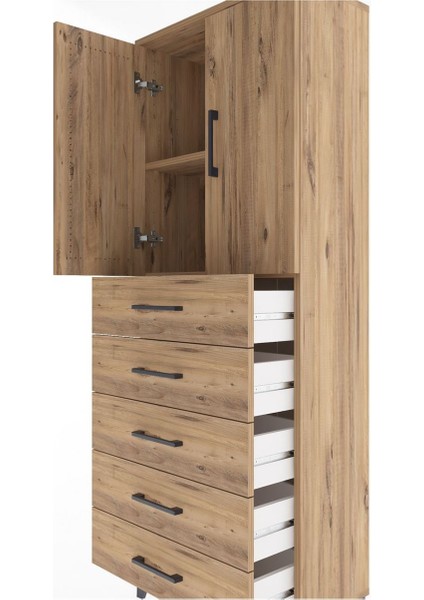 Arges Dolap 2 Raflı 5 Çekmeceli 2 Kapaklı 60X30X163 Çam-Çam indirimleri