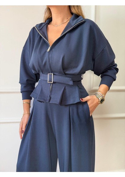 Indigo Pileli Kemerli Modal Takım