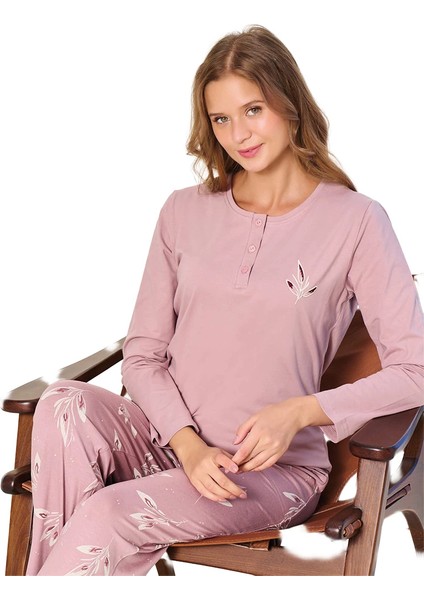 Over Sleep 3138 Kadın Kışlık Likralı Süprem Büyük Beden Önü Üç Düğmeli Pijama Takımı