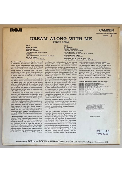 Perry Como Dream Along With Me Lp Plak (Orijinal Dönem Avrupa Baskı Plak) fiyatları