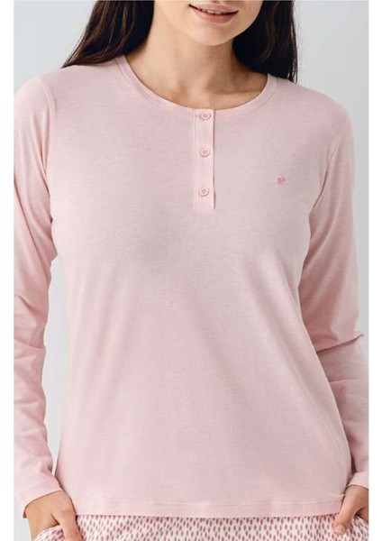 9080B Kadın Pembe Uzun Kollu Yarım Pat Battal Pijama Takımı fiyatları