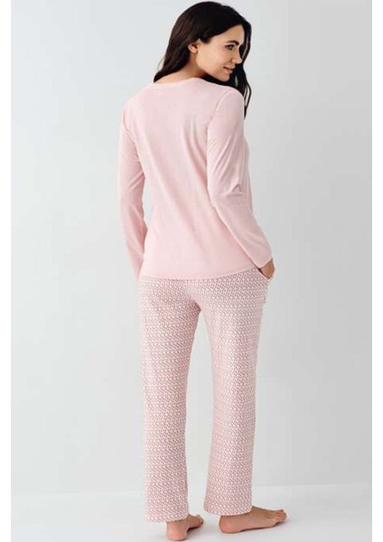 9080B Kadın Pembe Uzun Kollu Yarım Pat Battal Pijama Takımı modelleri