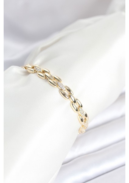 Pirinç Gold Renk Zincir Model Zirkon Taşlı Kadın Bileklik - Lisinya