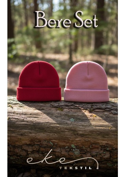 Unisex Katlamalı Pembe,kırmızı 2'li Bere Seti Ekebereseti2liyeni fiyatları