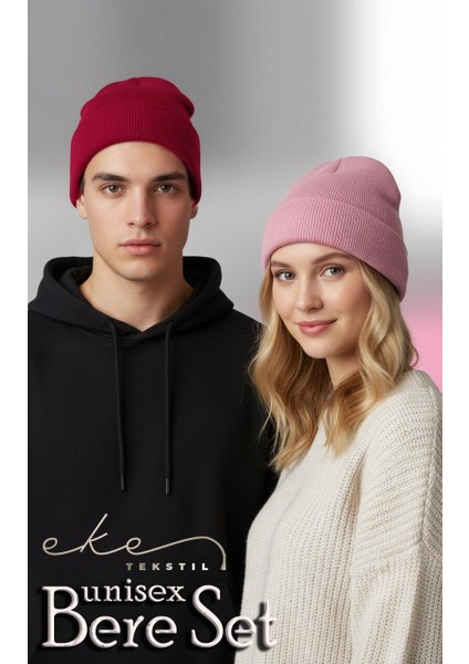 Unisex Katlamalı Pembe,kırmızı 2'li Bere Seti Ekebereseti2liyeni modelleri