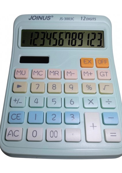 Joınus JS-3003 - 12 Hane Hesap Makinesi ( Pilli / Güneş Enerjili) Buz Mavi / Renkli Tuş Takımı