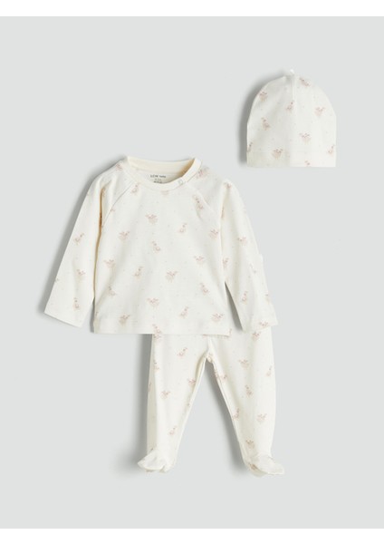 Yeni Sezon Baskılı Kız Bebek Tişört Pantolon ve Bere 3'lü