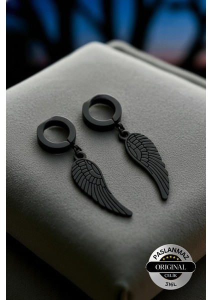 Sıkıştırmalı Mıknatıslı Kanat Model Sallantılı Erkek Kadın Unisex 316L Çelik Küpe 1 Adet