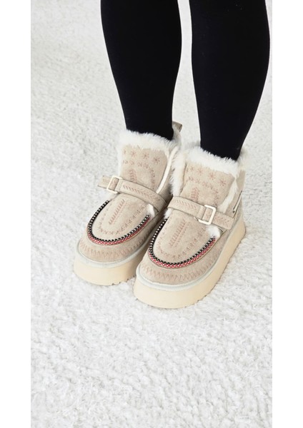 Melinta Kadın Süet Kürklü Dikiş Detaylı Platform Taban Bot