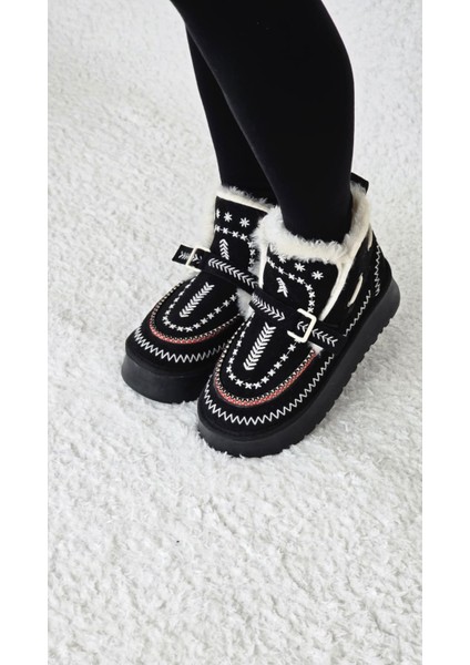 Melinta Kadın Süet Kürklü Dikiş Detaylı Platform Taban Bot